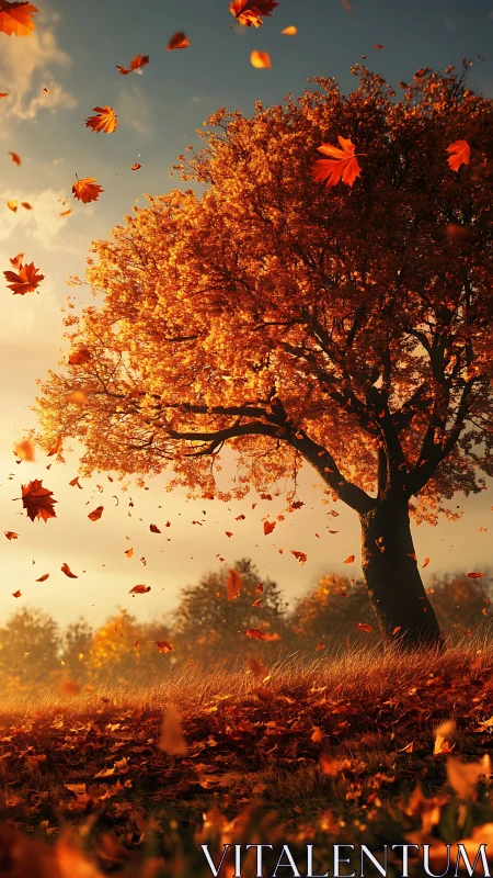 Autumn tree rendered in warm backlit scene with dynamic leaf motion