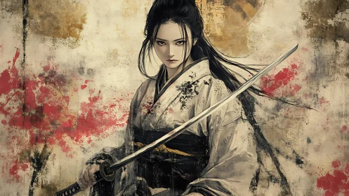 Samurai woman with drawn katana in textured backdrop.