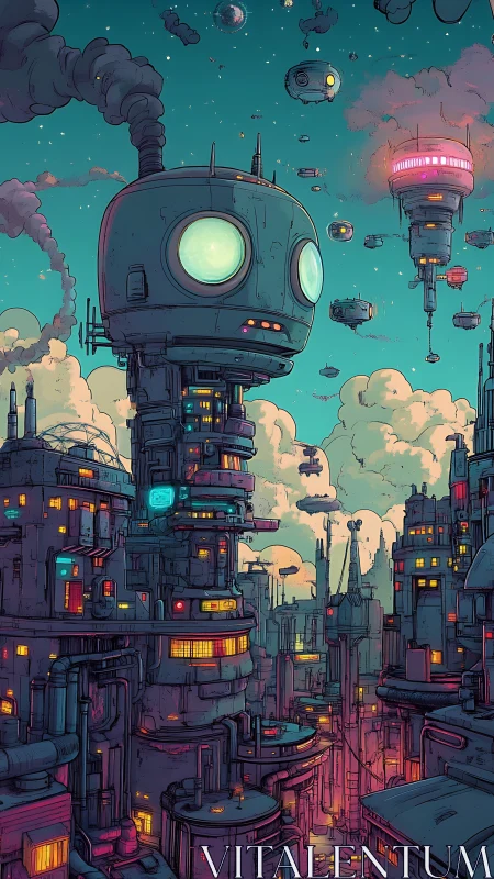 Robot-headed tower in dense futuristic neon cityscape.