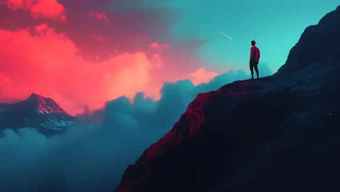 Lone figure watches neon clouds ignite a dreamlike mountain sky