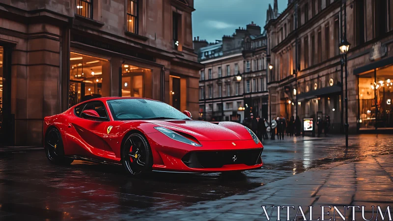 Crimson supercar gliding through a rain-kissed city evening.