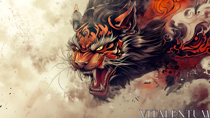 Roaring ember-tiger tears through ink and swirling smoke