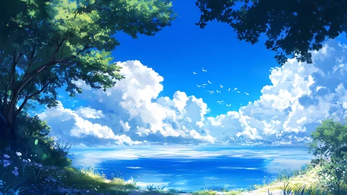 Serene blue shoreline framed by trees and summer clouds.