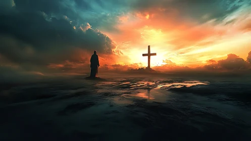 Stormlit horizon pauses as lone figure meets the glowing cross