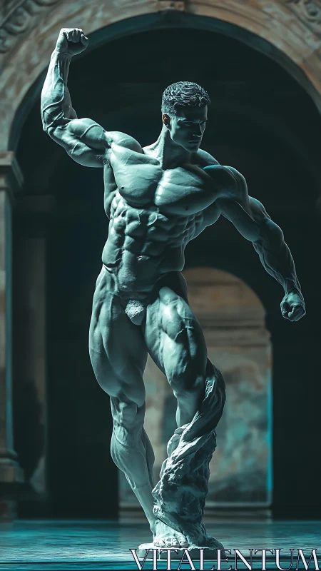Hyperreal neoclassical male statue in heroic contrapposto pose