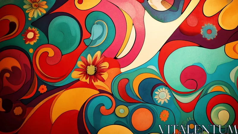 Floral swirls flow through bold retro abstract curves.