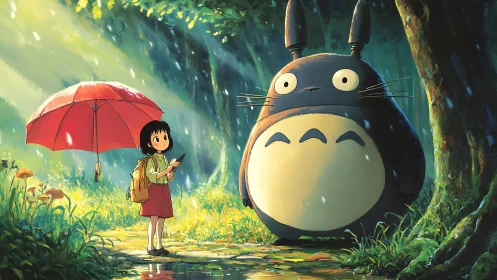 Rainlit forest meeting with a round, wide-eyed woodland guardian.