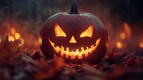 Grinning jack-o’-lantern glows in a misty autumn blaze.