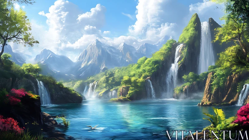 Mountain lake with cascading waterfalls under bright sky.