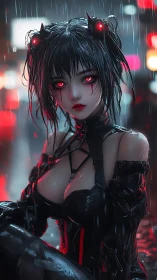 Neon eyed cyber girl waits calmly in the rainy city night