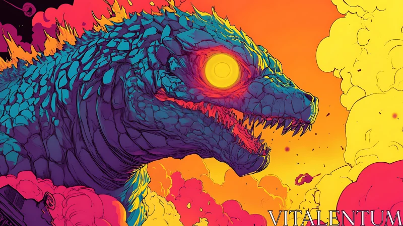 Gigantic reptilian creature in neon smoke filled environment.