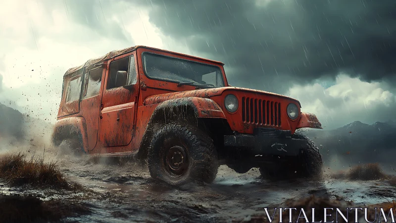 Bold red off road jeep splashing through stormy mountain mud.
