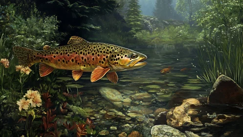 Brown trout glides through a crystal forest stream in sunlight
