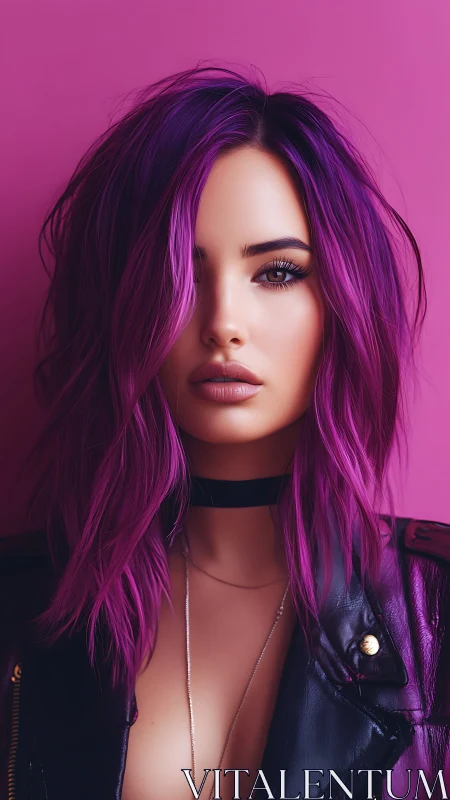 Neon siren with magenta hair and midnight leather gaze.