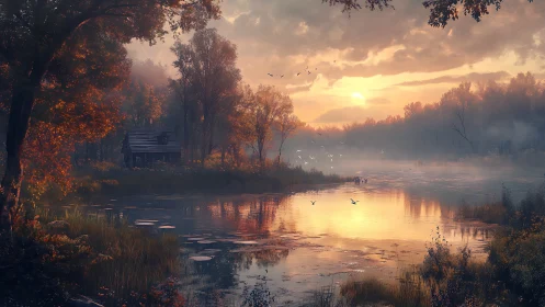 Sunlit autumn lake reflects forest cabin and distant birds