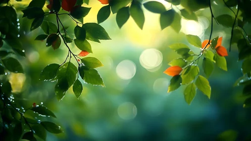 Sunlit Green Leaves with Dew and Orange Accents, Nature Photography.