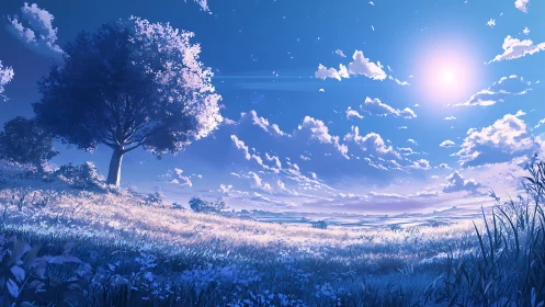 Luminous lone tree under serene pastel twilight sky.