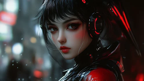 Cybernetic female portrait in red and black lighting.