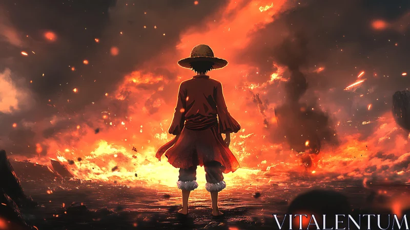 Straw-hatted wanderer confronts a storm of molten sky.
