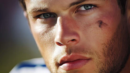 Macro portrait of focused athlete with bruised cheek detail.
