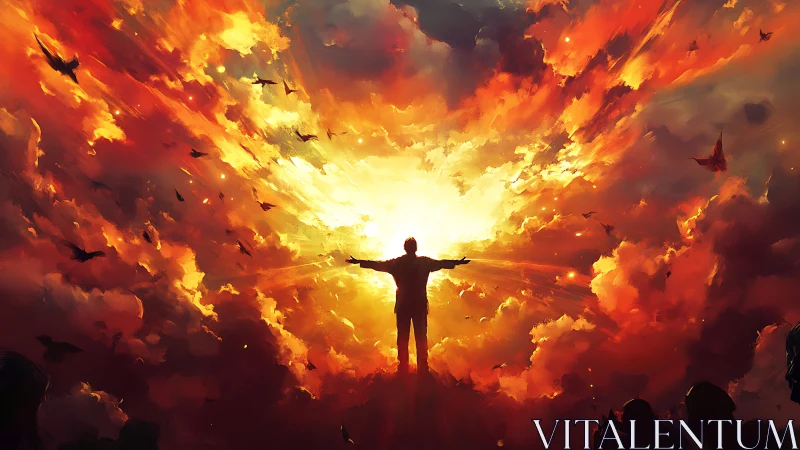 Silhouette stands before blazing sky of red and gold light.