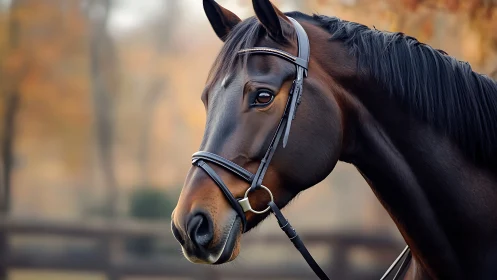 Bay horse in bridle against soft autumn background.