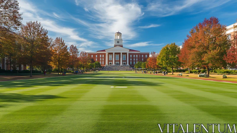 Central campus lawn leads to large classical academic building