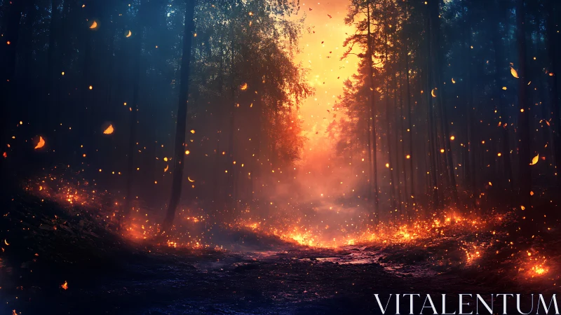 Forest fire in woodland environment with intense orange flames