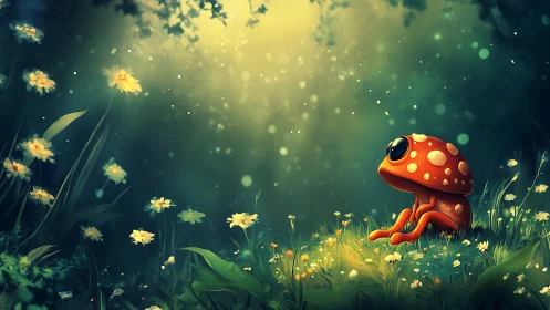 Bioluminescent orange frog creature in sunlit forest glade