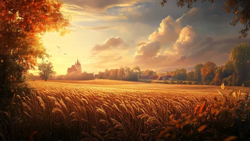 Golden wheat whispers toward a sunlit village church
