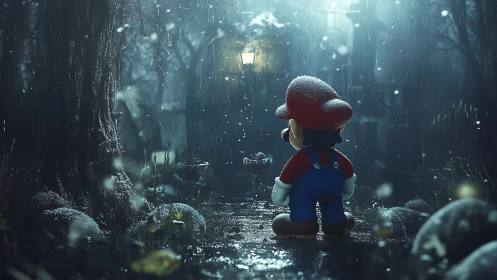 Snow-dusted game hero in cinematic nocturnal forest rain.