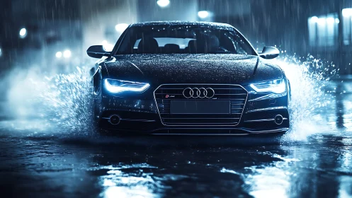 Black Audi sedan driving through rain on wet city street.