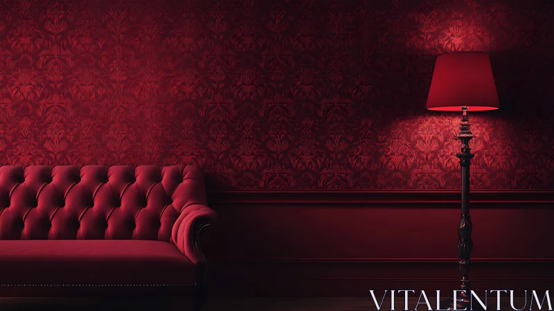 Crimson velvet sofa with ornate lamp in moody interior.