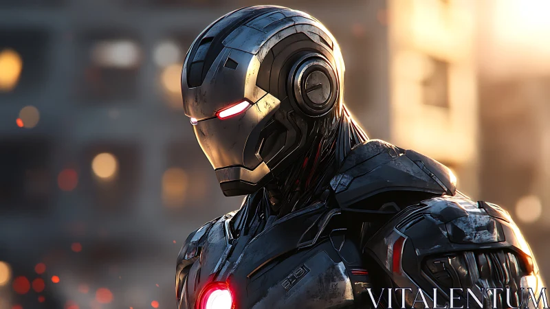 Steel-clad guardian pauses in sunset-lit city streets.