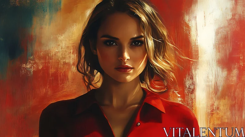 Fierce gaze in scarlet against a storm of molten color.