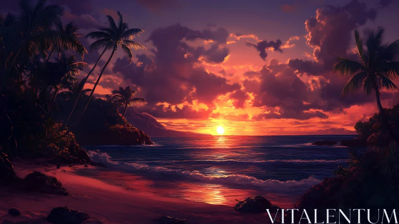 Tropical coastline with palm trees at sunset over ocean.