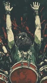 Bearded rock drummer screams triumph with arms raised high