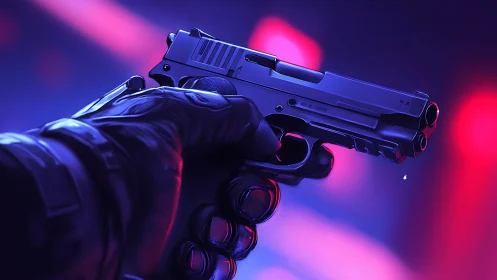 Neon-soaked pistol pauses mid-aim in electric twilight haze