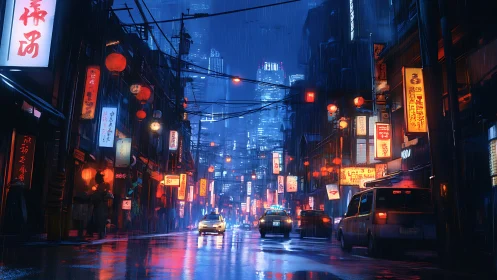 Rain-soaked neon alleyway renders cinematic cyberpunk transit