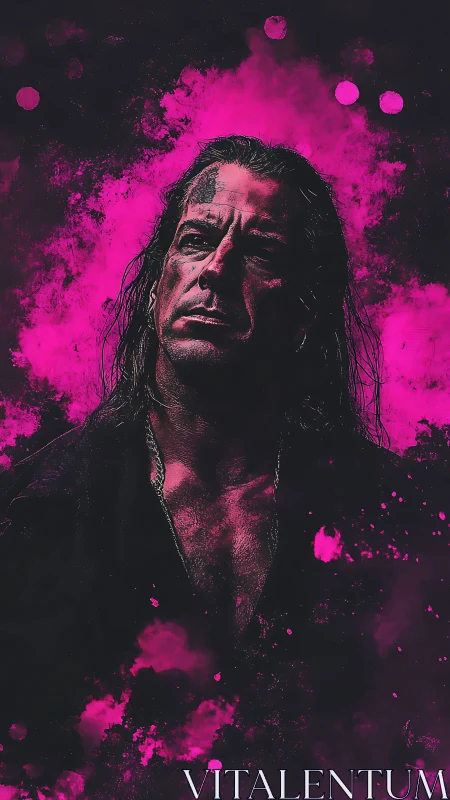 Chromatic portrait with neon magenta particulate diffusion.