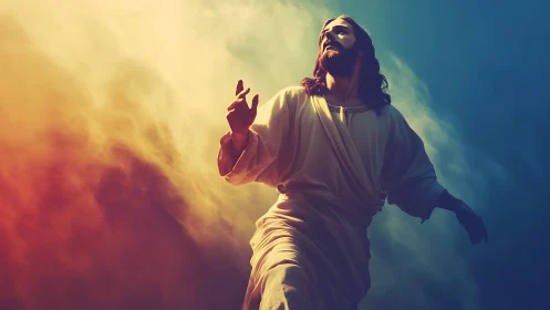 Radiant robed figure ascending through prismatic celestial light.