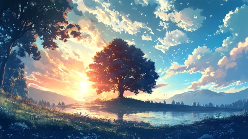 Central tree stands by reflective water at low sun angle