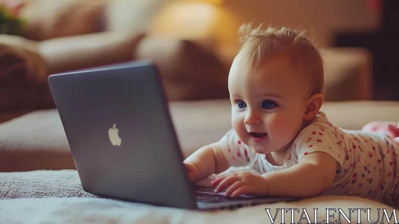 Curious baby enjoys screen time with a cozy laptop glow