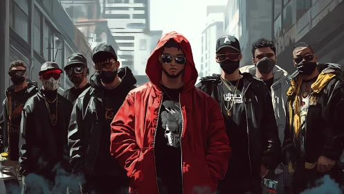 Urban street group in hoodies and masks in city alleyway.