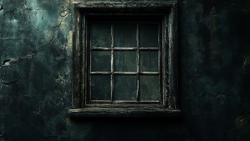 Photorealistic decayed window set in weathered plaster wall.