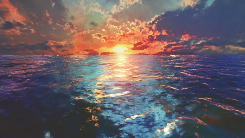 Digital sunset seascape with luminous horizon and chromatic waves.