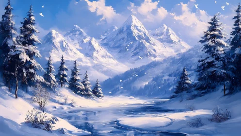 Snow covered mountain valley with frozen reflective river.