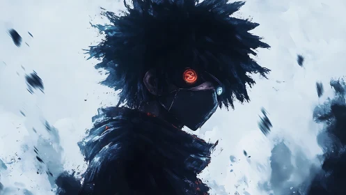 Masked cyber figure with dual glowing goggles profile.