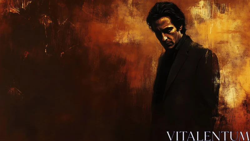 Brooding man in suit against textured burnt ochre wall.