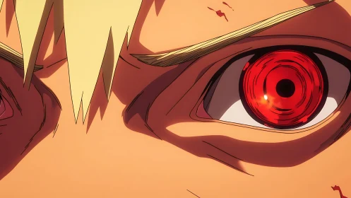 Intense anime gaze with glowing red cybernetic eye focus.